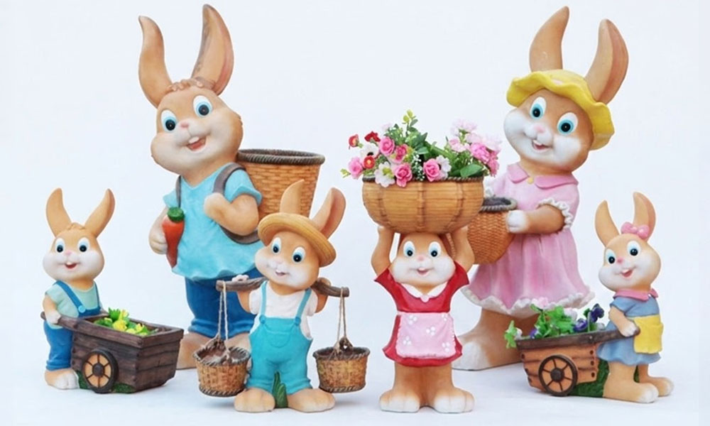 Whimsical Rabbit Family Garden Planters & Statues