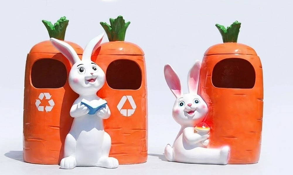 Creative Rabbit Carrot Sculpture Trash Can for Outdoor