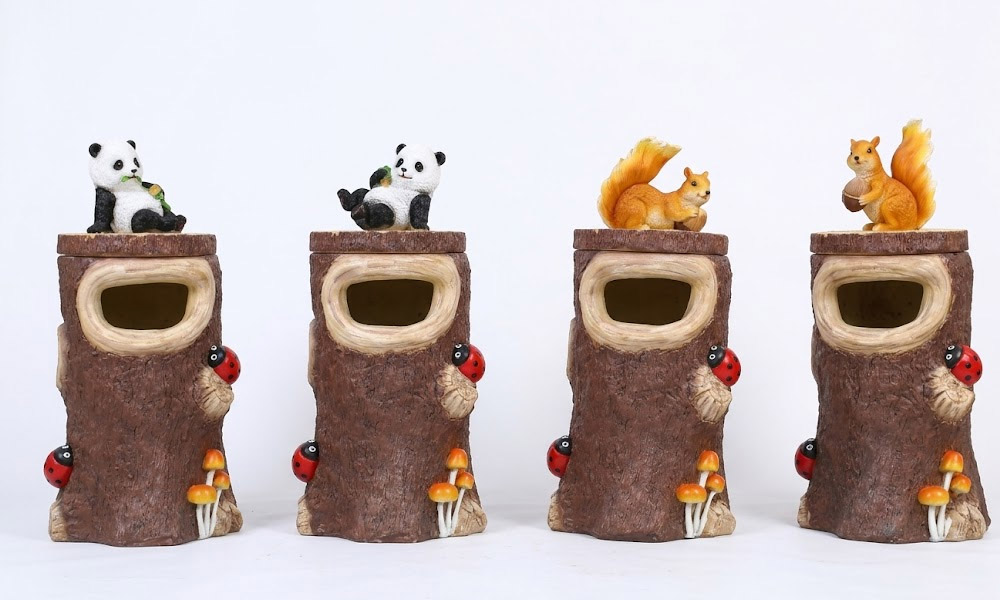 Whimsical Panda & Squirrel Tree Stump Waste Bins