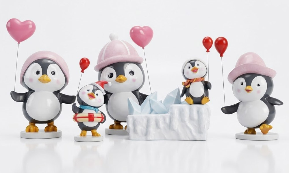 Giant Fiberglass Penguin Statues and Ice Bench Winter Decor