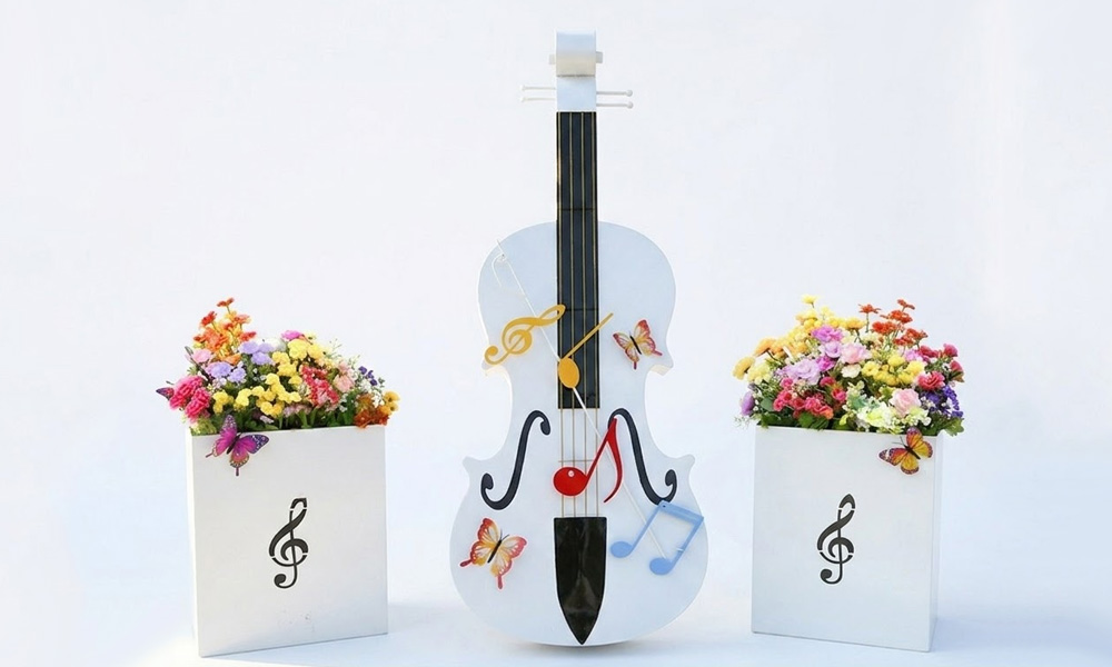 Decorative String Instrument Sculptures and Metal Planters