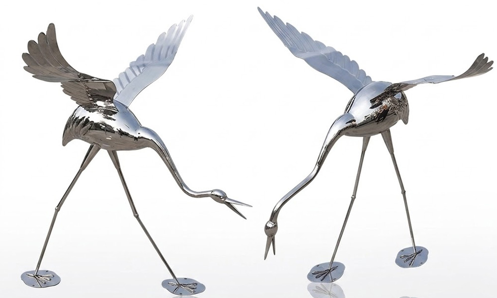 Mirror-Polished Metal Crane Statues Contemporary Outdoor Art