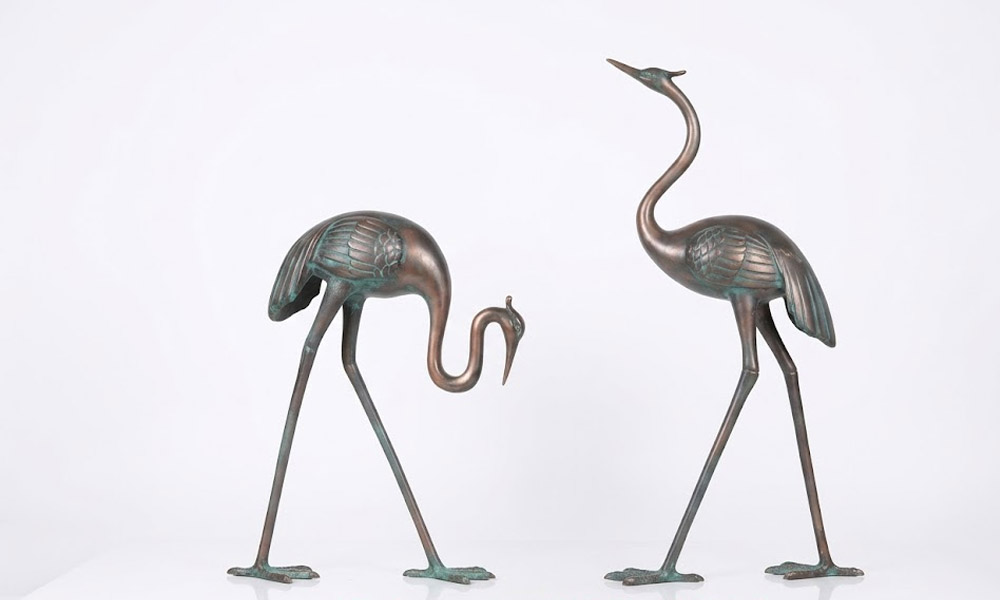 Life-Size Fiberglass Crane Garden Statues with Bronze Finish