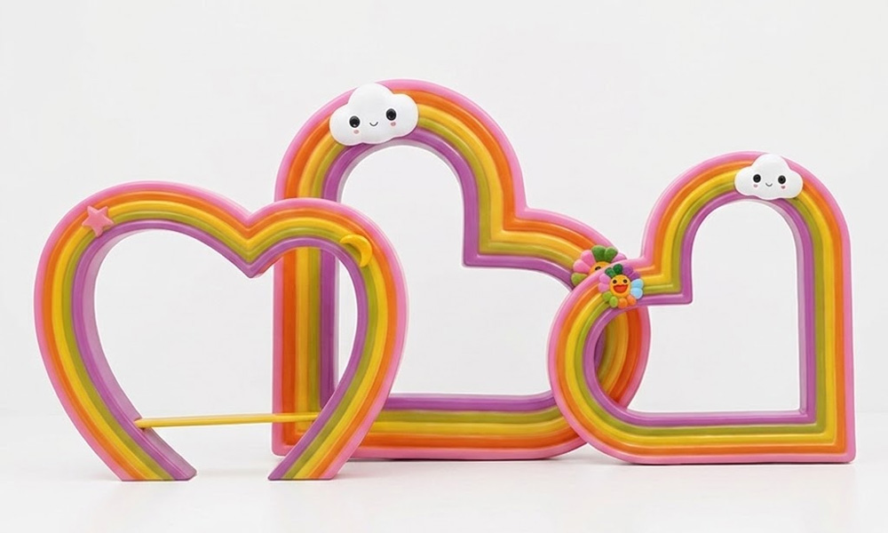 Interactive Rainbow Heart Selfie Spot Sculpture for Shopping Malls