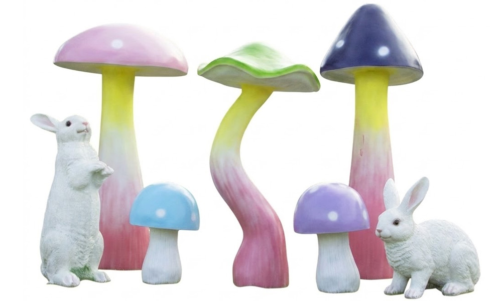 Oversized Colorful Mushrooms and White Rabbit Statues