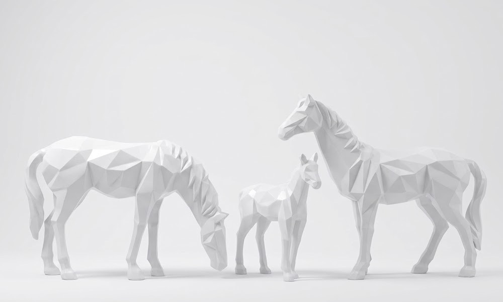 Large White Horse Sculptures 3D Geometric Animal Art